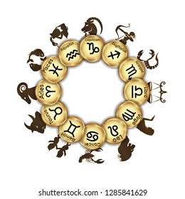 Zodiac signs medallions in the form of a golden mechanism. Isolated object on white background.