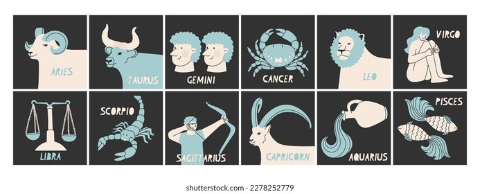 Zodiac signs. Minimalistic vector illustration on a black background. Ideal for the design of the astological horoscope.