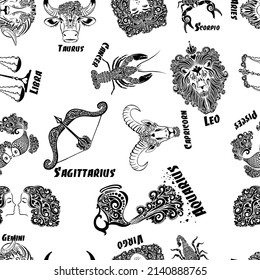 Zodiac signs monochrome background is seamless. Vector illustration