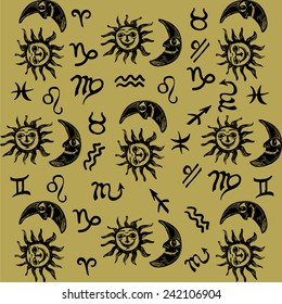 Zodiac signs with moon and sun hand drawn pattern