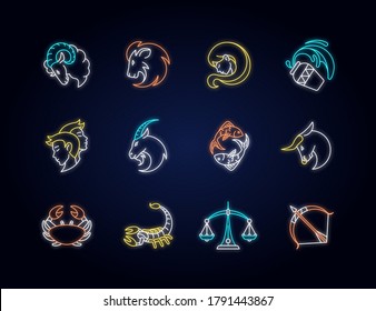 Zodiac signs neon light icons set. Twelve horoscope birth signs with outer glowing effect for fortune telling. Astrology and future prediction. Vector isolated RGB color illustrations