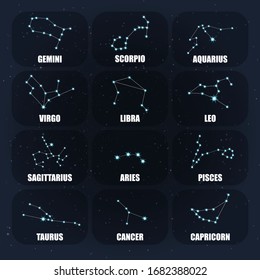  Zodiac signs in the night sky.Set of constellations vector illustration. Vector zodiac signs.