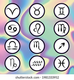 The zodiac signs on the background of iridescent liquid holographic marble in vibrant neon and pastel colors. Vector set of zodiac signs. Vector holographic texture
