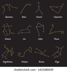 Zodiac signs on background. Star horoscope constellations. Set of 12 zodiac signs. Collection of horoscope symbols. 