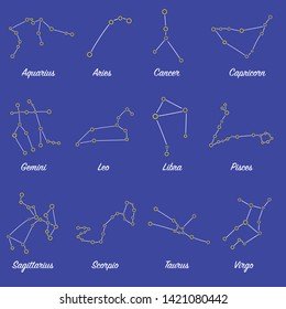 Zodiac signs on background. Star horoscope constellations. Set of 12 zodiac signs. Collection of horoscope symbols. 