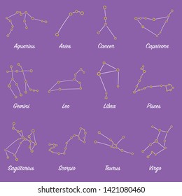 Zodiac signs on background. Star horoscope constellations. Set of 12 zodiac signs. Collection of horoscope symbols. 