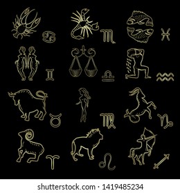 Zodiac signs on a black background. Golden figures of horoscope symbols. Isolated. A set of 12 major astrological elements. Stencils for decoration, drawing.