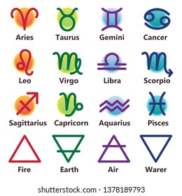 Zodiac signs on color background. Colorful horoscope and astrology symbols. Elements of Astrology