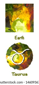 Zodiac signs of the  on a colorful background in accordance with the four elements. Background - oil paints.