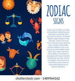 Zodiac signs on dark skies backgrounds vector illustration poster. Zodiacal and astrological horoscope calendar poster template with white text space and typography.