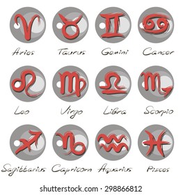 Zodiac signs on gray circle. Stylized brush. Hand drawn. Set of isolated vector icons. 