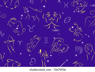 Zodiac signs on purple night sky. Seamless vector illustration.