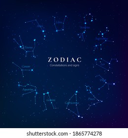 Zodiac signs on starry sky. Twelve constellations of the zodiac. Constellations lying in the plane of the ecliptic. vector