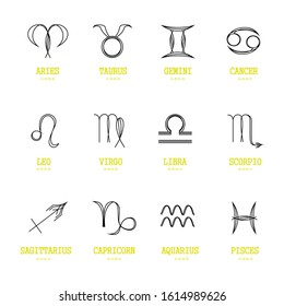 Zodiac signs on white background. Set of 12 vector astrological signs. For your designe. Aries, Taurus, Gemini, Cancer, Leo, Virgo, Libra, Scorpio, Sagittarius, Capricorn, Aquarius and Pisces.  