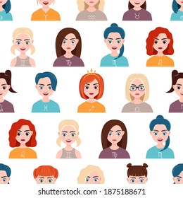 zodiac signs on a white background, seamless pattern. Vector flat illustration. Cute girls as astrological symbols.