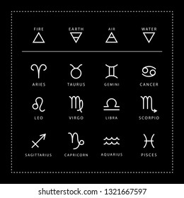 Zodiac signs outline style vector set isolated on black background.