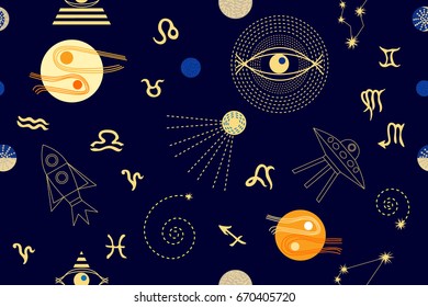 Zodiac signs parade. Seamless vector pattern with astrological symbols, space ships, stars and planets on dark blue background. Universe textile collection.