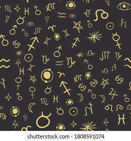 Zodiac signs pattern. Hand drawn horoscope astrology symbols, textured design, typography print, vector illustration.