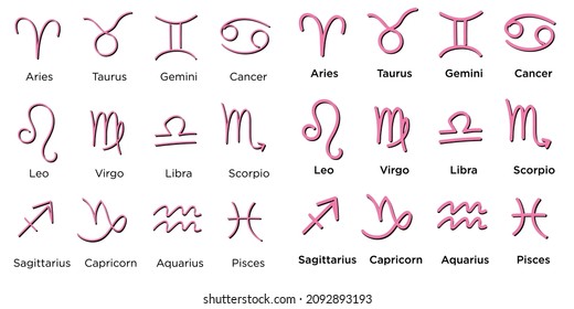 Zodiac signs. Pink. Vector flat black and white line drawing for printing, web design. Astrology, horoscope. Line icons of zodiac. Isolated pictograms on white background