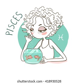 Zodiac signs Pisces. Vector illustration of the girl.