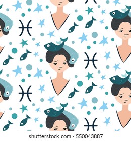 Zodiac signs Pisces. Vector illustration of cute girl. Pattern with girl face, sign and star