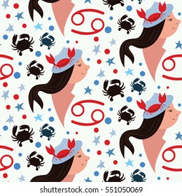 Zodiac signs Pisces. Vector illustration of cute girl. Pattern with girl face, sign and star