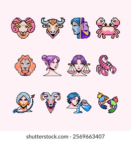 Zodiac Signs in Pixel Art Style. Trendy vector illustration.