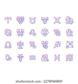 Zodiac signs pixel perfect gradient linear vector big icons set. Astrological elements and their meaning. Thin line contour symbol designs bundle. Isolated outline illustrations collection