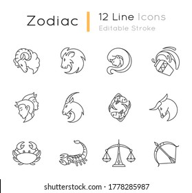 Los iconos lineales perfectos de los signos zodiacales están ajustados. Doce horoscopios personalizables de contorno de línea delgada para la adivinación de la fortuna. Diferentes signos de nacimiento. Ilustraciones aisladas del contorno vectorial. Trazo editable