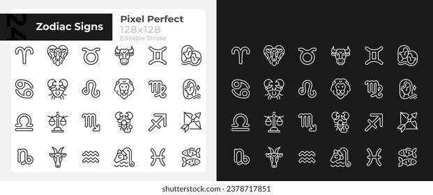 Zodiac signs pixel perfect linear big icons set for dark, light mode. Thin line symbols for night, day theme. Isolated illustrations. Editable stroke. Montserrat Bold, Light fonts used