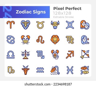 Zodiac signs pixel perfect RGB color big icons set. Astrological elements. Isolated vector illustrations. Simple filled line drawings collection. Editable stroke. Montserrat Bold, Light fonts used