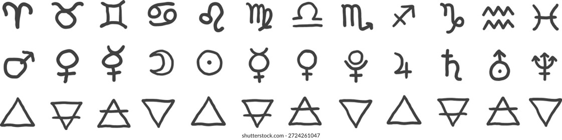 zodiac signs, planet and element set in hand drawn style in vector. Element for poster sticker design decoration postcards prints