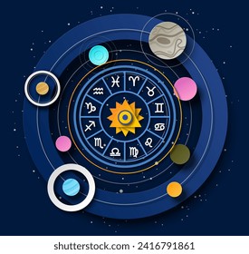 Signos zodiacales, influencia planetaria para la predicción del horóscopo personal. Banner de astrología cortado en papel, afiche o ilustración vectorial de tarjeta con fondo estelar