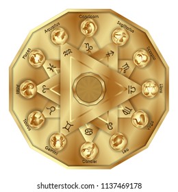 Zodiac signs in polygon, gold medallion isolated object.