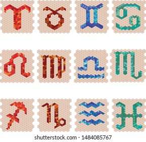 Zodiac signs in polygonal shape in colors of four elements- fire, earth, air and water. Vector illustration. Design for calendars, backgrounds, wallpaper.  