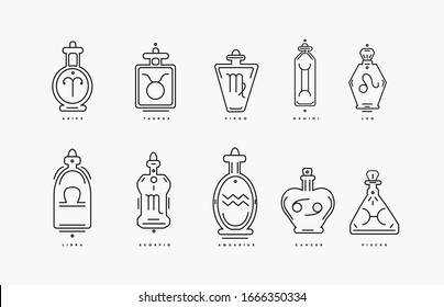 Signos de zodiaco en los símbolos de botellas de poción. Conjunto de diseño de diseño artístico con estrella. Diseños de logo de línea minimalista aislados. Misticismo, signos estelares y astrología.