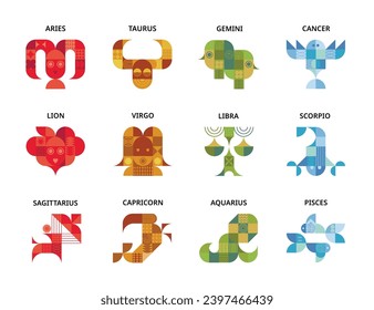 zodiac signs predictions icons symbols Aries Taurus Gemini Cancer Leo Virgo Libra Scorpio Sagittarius Capricorn Aquarius Pisces shape decorative style design vector for printing t-shirts websites 