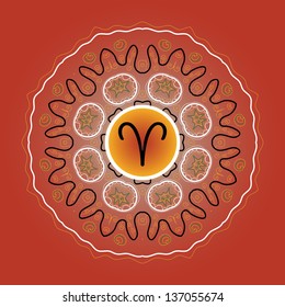 Zodiac signs: The Ram (Aries) on ornate oriental mandala motif brown color pattern. mystical icon. 