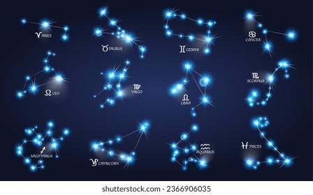 Zodiac signs, realistic glowing constellations. Vector horoscope for hole year, astronomical shining stars in the night sky. Aquarius and pisces, aries and cancer, gemini and virgo, scorpio