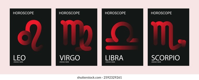 Zodiac signs red and black. Collection of astrology posters with 70s color gradient. Set of retro wall decorations for interior, banner or cover. Leo, Virgo, Libra and Scorpio.