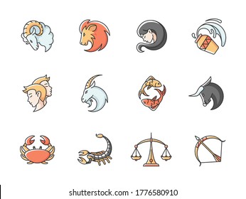 Zodiac signs RGB color icons set. Twelve horoscope for fortune telling. Astrology and future prediction. Different birth signs Isolated vector illustrations