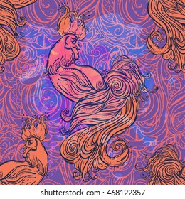 Zodiac Signs of Rooster. Chinese New year 2017 beautiful illustration ornament feather. Pattern for textile and dress. Cock vector