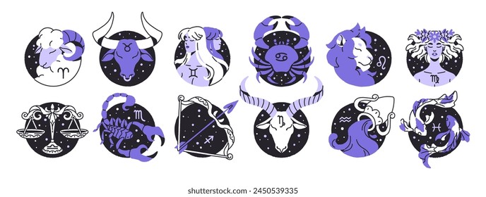 Zodiac signs, round icons of stars horoscope set. Astrology symbols: Aries, Capricorn, Taurus, Libra, Scorpio, Aquarius. Twelve constellations' avatars. Flat isolated vector illustration on white