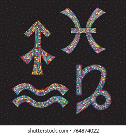Zodiac signs: Sagittarius, Capricorn, Aquarius, Pisces. Hand drawn horoscope symbols. Astrology vector illustration.