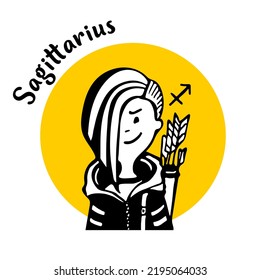 Zodiac signs Sagittarius comic face and character of people in style of doodles for avatar in yellow circle