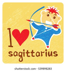 Zodiac signs Sagittarius with heart isolated on grunge background. Cartoon funny characters. Design elements for greeting cards or flyers.