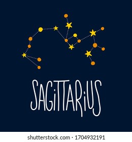 Zodiac signs. Sagittarius symbol. Constellation on dark blue background. Astrology. Doodle and freehand drawing in the modern style. Scandinavian style clipart. Vector illustration.