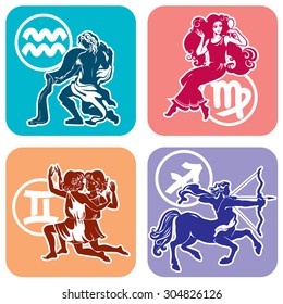 Zodiac signs - Sagittarius, Virgo, Aquarius, Gemini. Colored isolated vector image