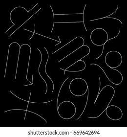 Zodiac signs with schematic lines on black background in chaotic order