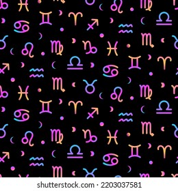 Zodiac signs seamless colorful neon background with crescent and moon, astrological pattern. Horoscope symbols gradient texture